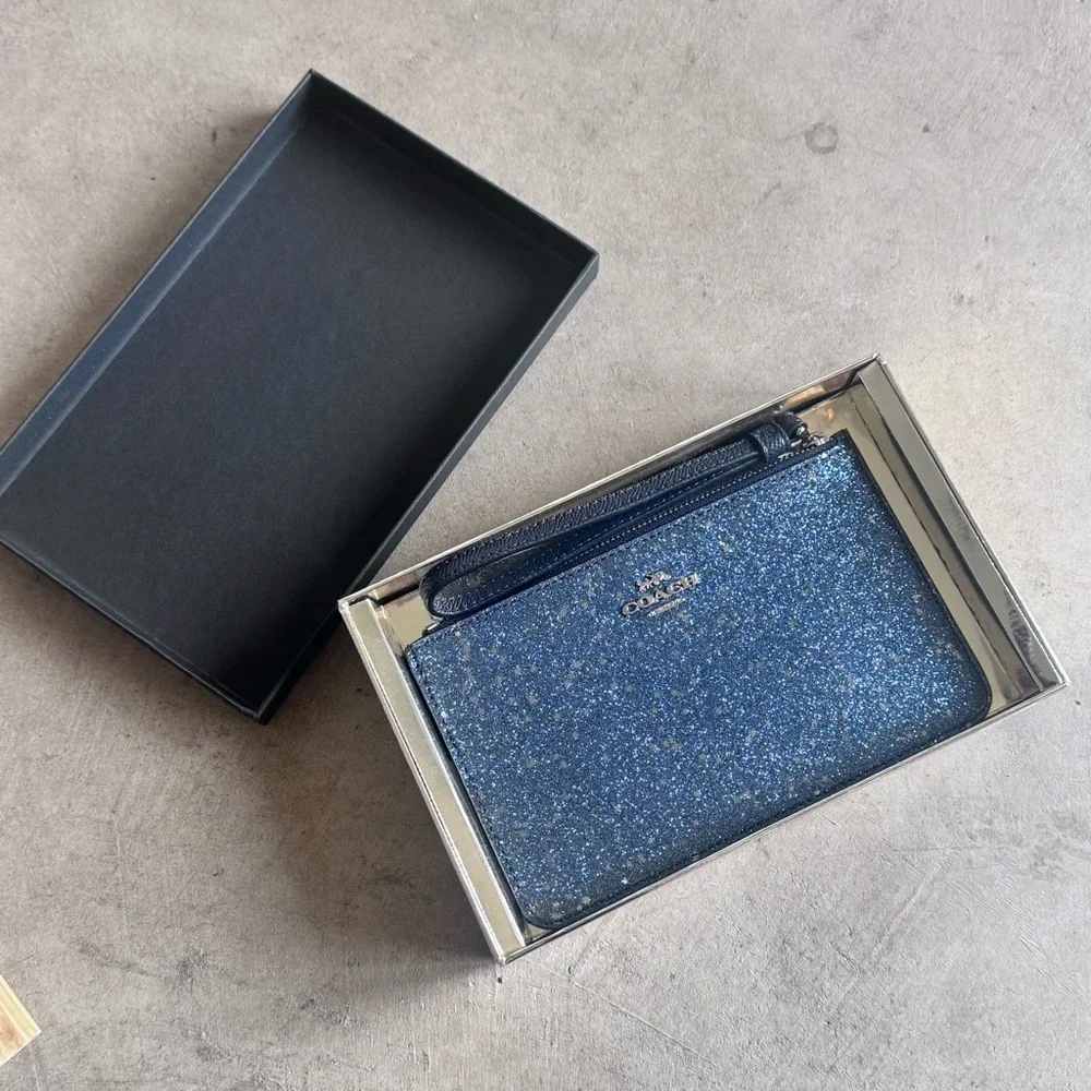 NIB Coach Sparkling Navy Blue Midnight Wristlet 4” x 7” Glitter Collection $85